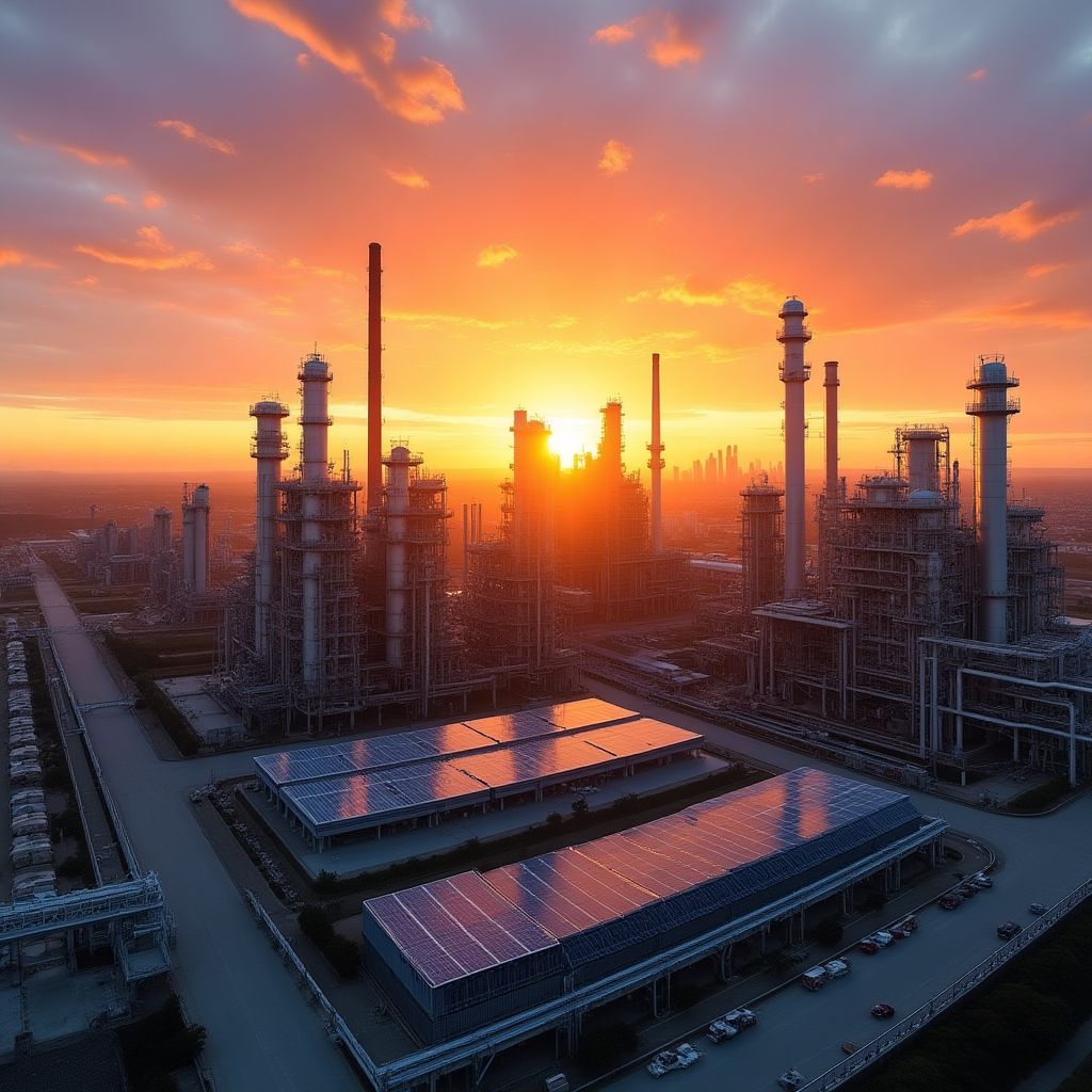 Refinería moderna de YPF al atardecer